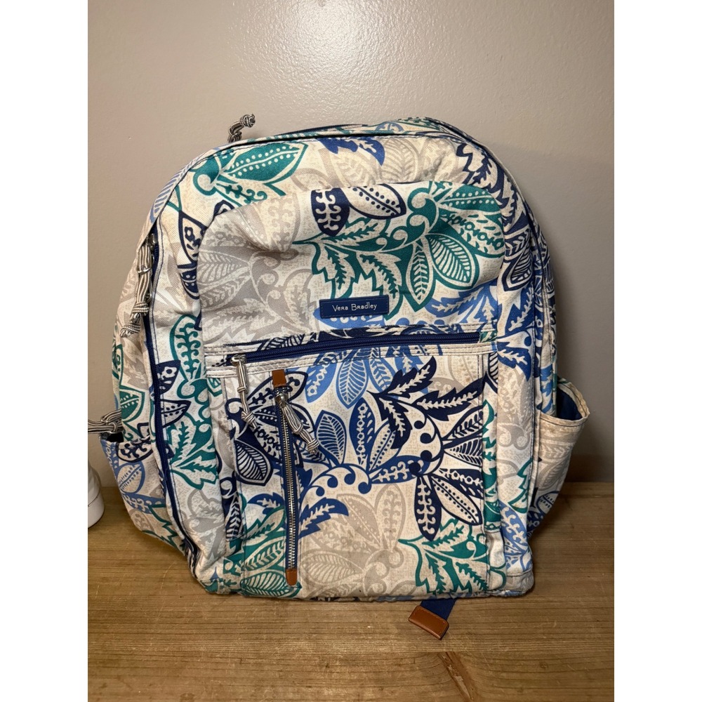 Vera Bradley Blue‎ Teal Floral Leaf Canvas Backpack School Travel Bag